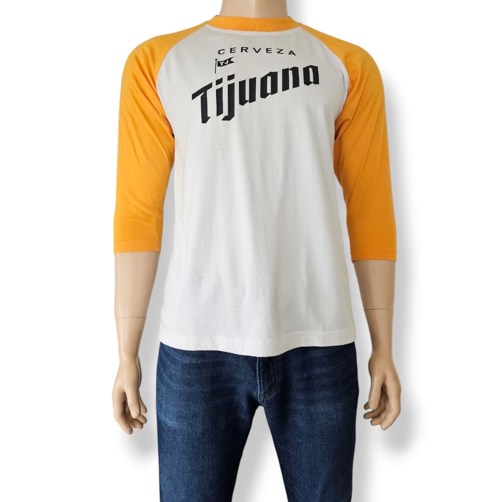 White & Yellow "Cerveza Tijuana" Raglan Long Sleeve Baseball Tee Size Medium